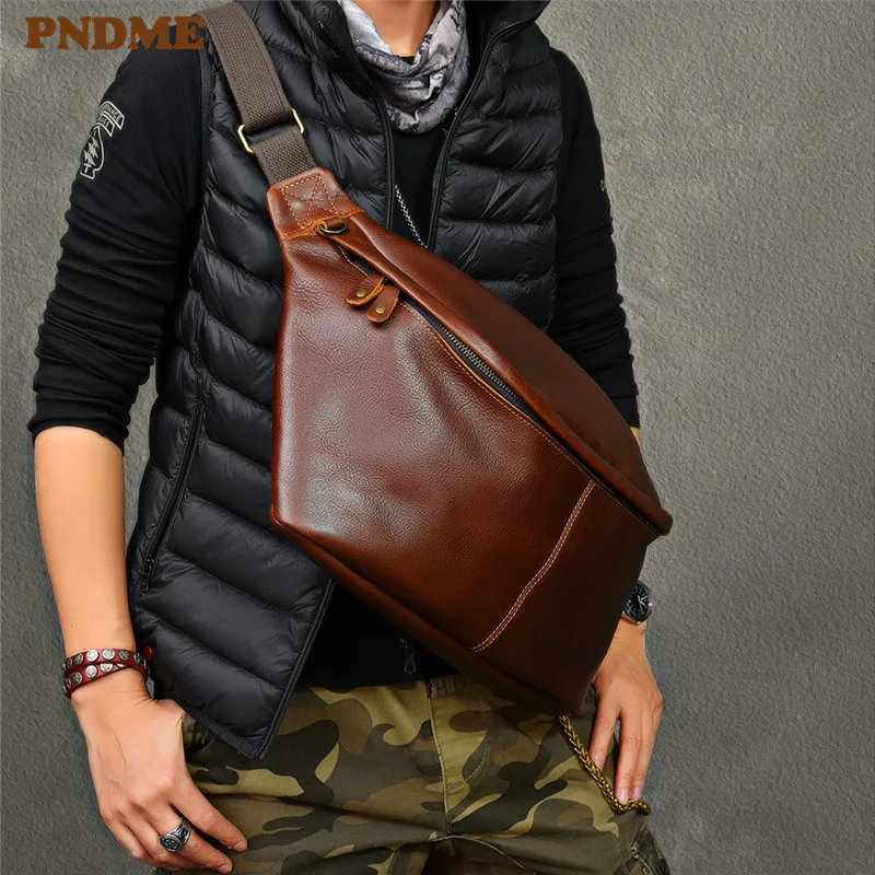 Large capacity genuine leather men's chest bag vintage fashion casual real cowhide daily sports big shoulder crossbody bag