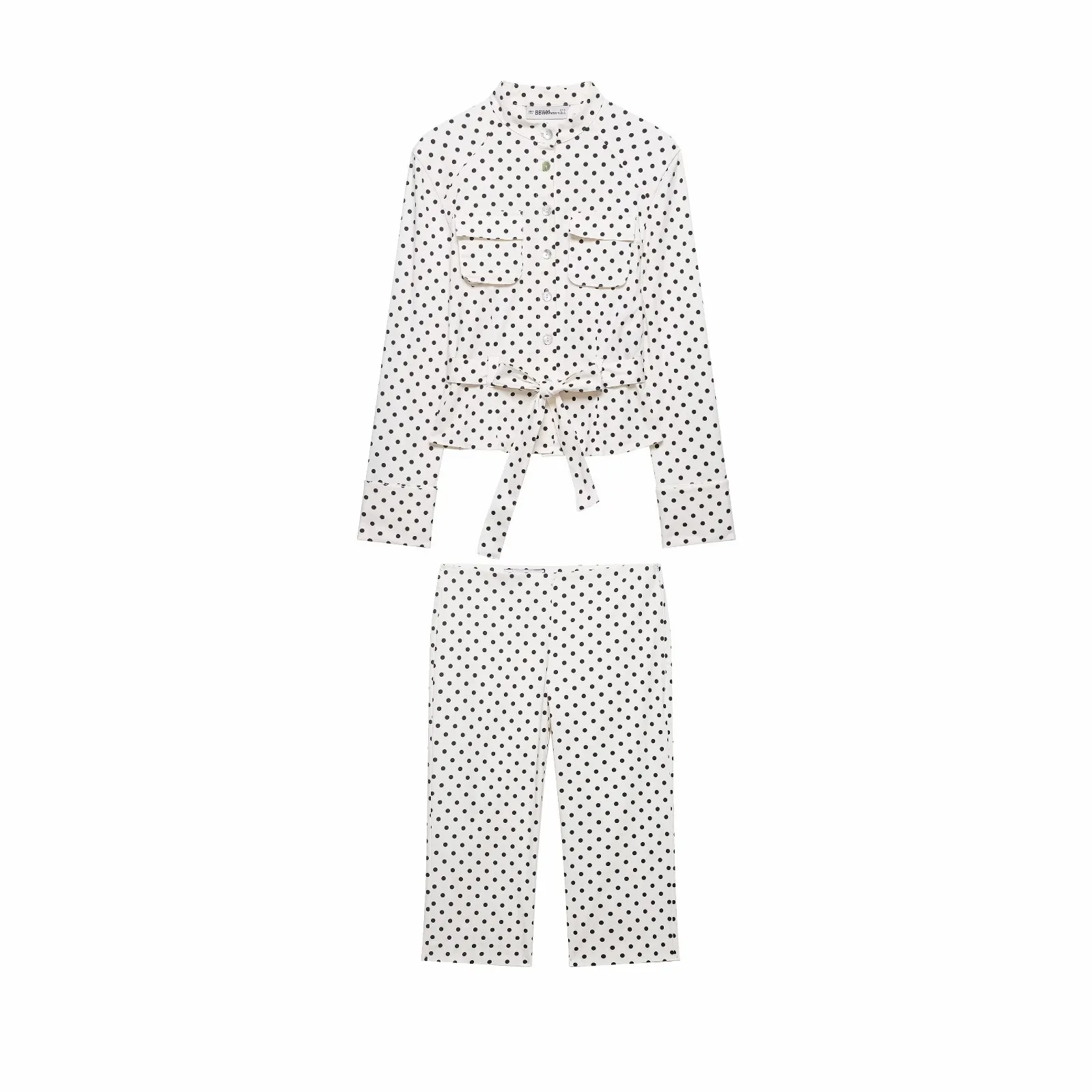 Damen Schicker Frühlings-Freizeitanzug mit Polka Dots, Schnürbluse mit Einzelknopfleiste + Midihose mit Reißverschluss, Modischer Vintage-Anzug für Damen – Detail 3