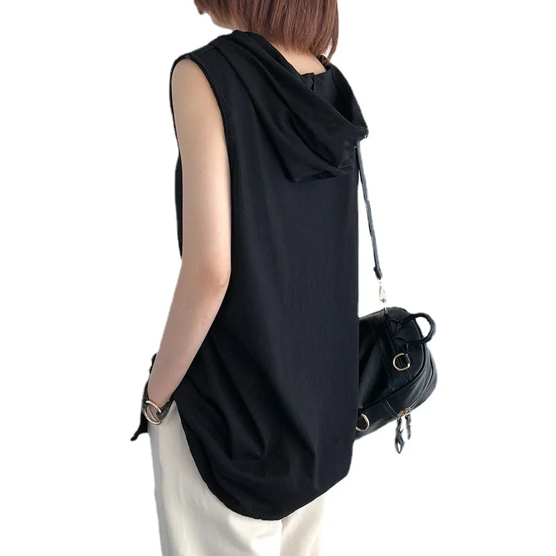 Women's Clothing Casual Loose Sleeveless Hoodies Summer New Solid Color Fashion Basics Pockets Patchwork Sweatshirts for Female 2