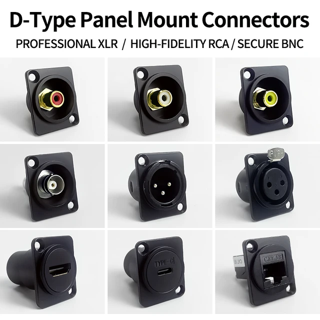 D-Type Panel Mount Connectors Kit – XLR, RCA, BNC Audio & Signal Jacks for Pro Audio, Broadcast & Industrial Equipment 1