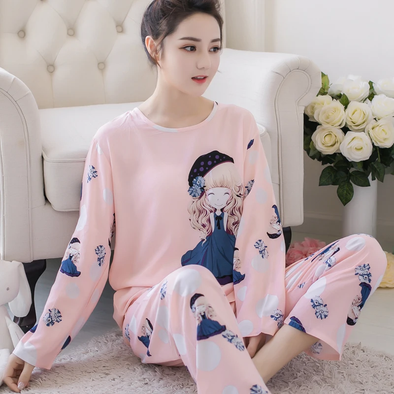 Spring Pajamas Women's Long-sleeved Two-piece Set of Milk Silk Thin Section Breathable Student Home Clothes Sleepwear Women Set