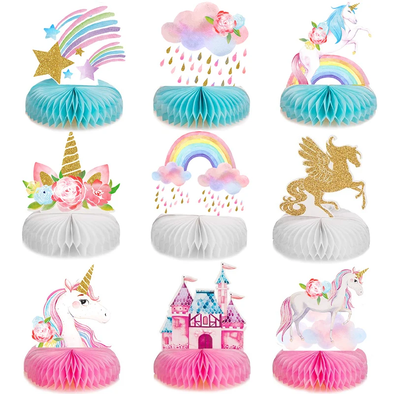 9 stücke Regenbogen Einhorn Waben Kugeln Party Tisch Dekorationen Papier Fan Set Geburtstag Party Baby Dusche Decor Desktop Liefert