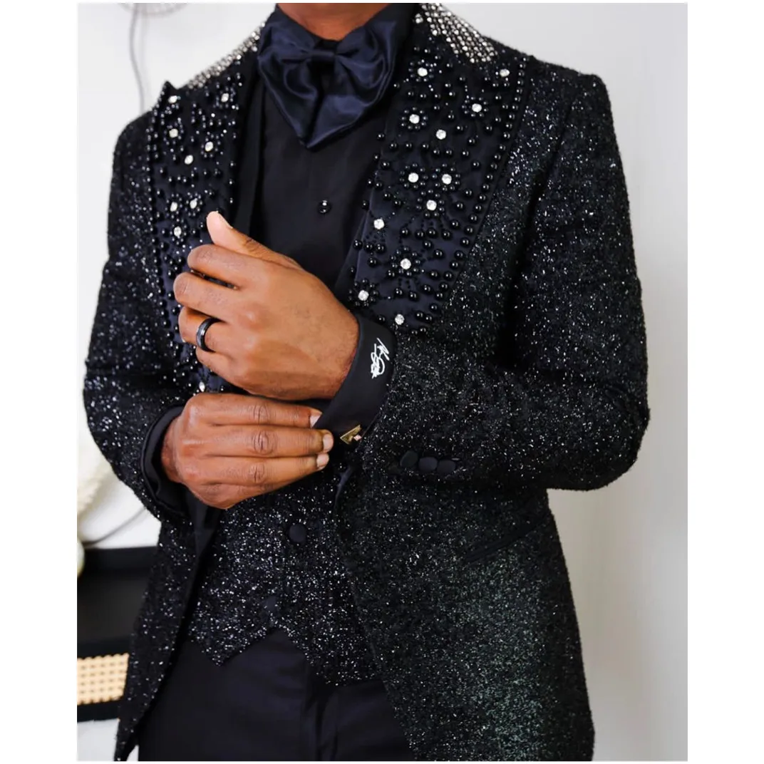 Spaekly Men Suits Tailor-Made 3 Pieces Blazer Vest Pants One Button Peaked Lapel PearlsBeaded Diamonds Business Wedding Tailored