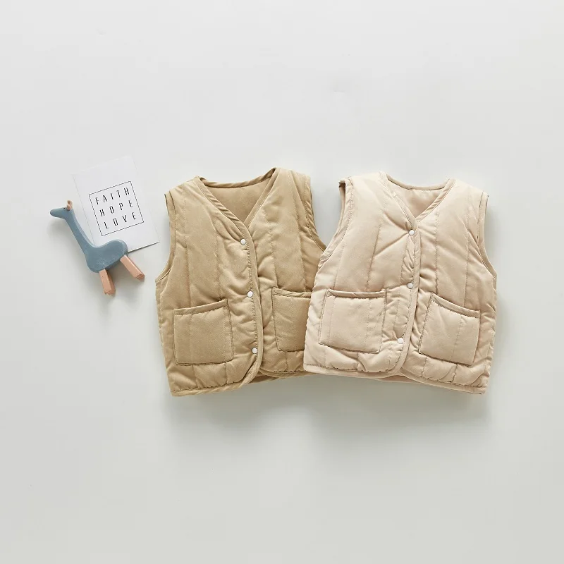 Korea Newborn Baby Waistcoat 0-3Years Boy Girl Solid Color Single Breasted Pocket Warm Vest Tops Outerwear Autumn Winter Clothes