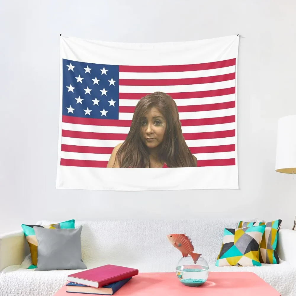 

Snooki's Mugshot on the American Flag Tapestry On The Wall Mushroom Aesthetic Room Decor Korean Tapestry