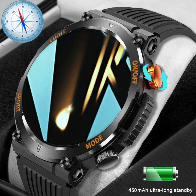 

Rugged Military Smart Watch Men For Android IOS Ftiness Watches Ip68 Waterproof 1.46'' LED lights AI Voice BT Call Smartwatch