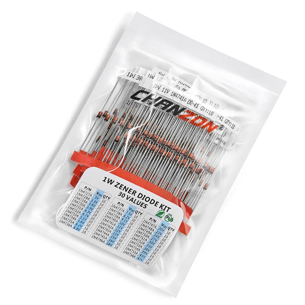 Diode Kit 30 Values 1W Zener Diode Assorted Kit 3V 3.3V 3.6V 5.1V 5.6V 7.5V 10V 12V 13V 15V 16V 18V 20V 22V 24V 30V 33V 47V Assortment Set