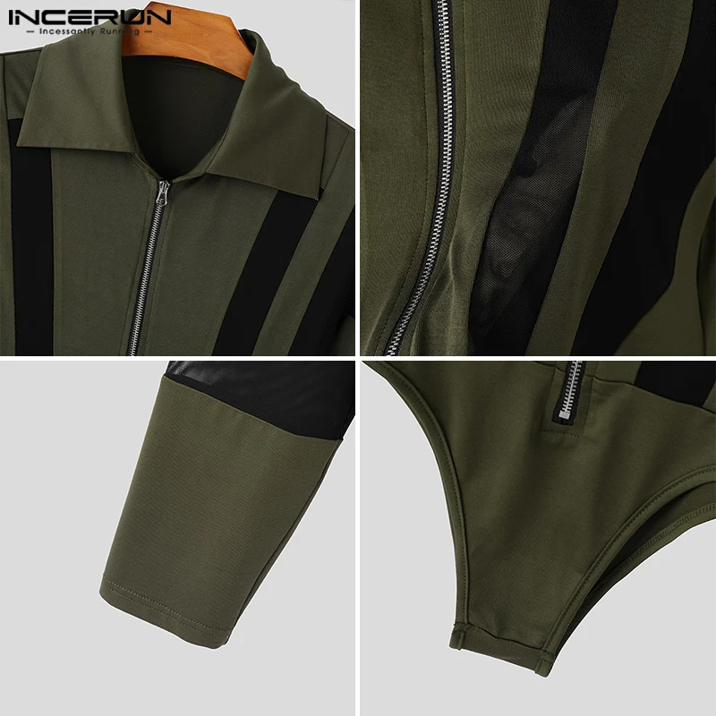 INCERUN American Style Bodysuits New Men Stylish Sexy Jumpsuit Male Leisure Loungewear Spliced Zipper Long Sleeved Rompers