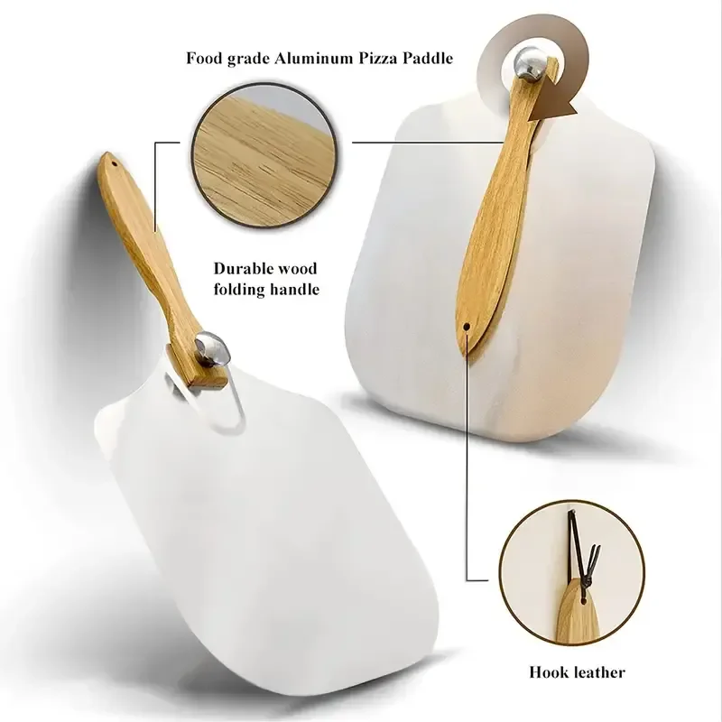 Stainless Steel Aluminum Folding Pizza Spatula Baking Tool Cake Transfer with Foldable Oak Handle Pizza Peel Spatula Scraper Pizza Bakeware