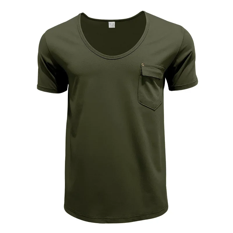 2026 Neues Taschen-T-Shirt Europäischer und Amerikanischer Herren-Stil V-Ausschnitt Einfarbig Lässiges Kurzarm-T-Shirt – Detail 20