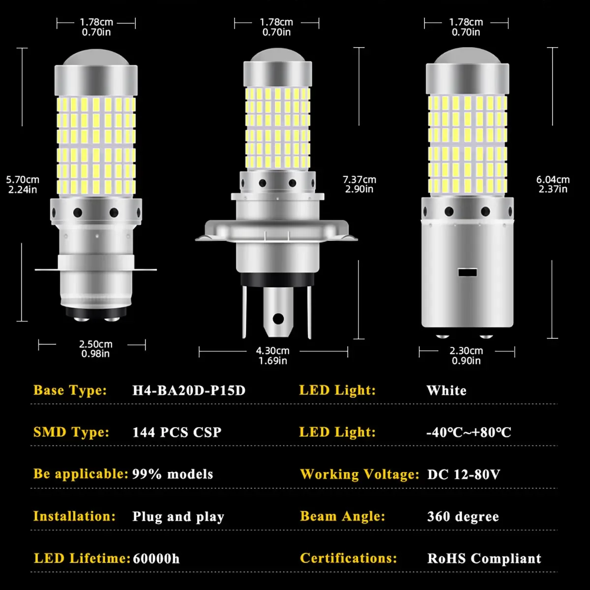 Motorcycle Headlight 1PCS 144SMD H4 P15D BA20D 12v LED Headlamp Fog Light Spotlight Play and Plug
