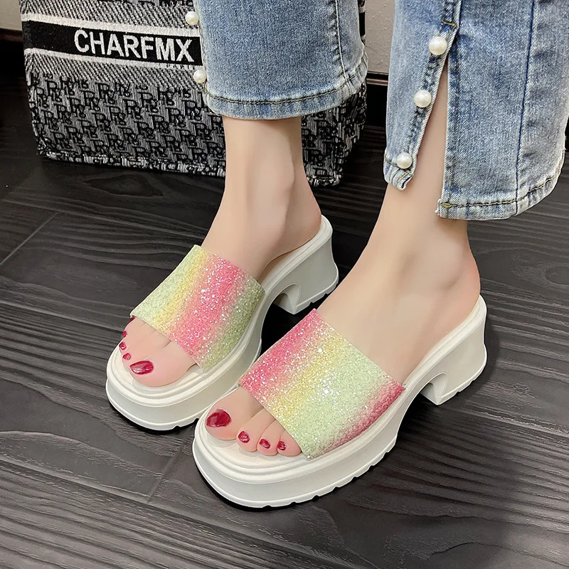 

Sandals Women's 2023 Summer New Outdoor Thick Sole Casual Lightweight Comfortable Beach Slippers Rainbow High Heels