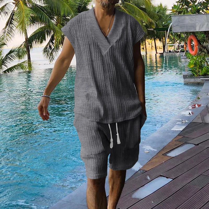 2024 Summer New Men's Set Quality Jacquard Knit Casual Sleeveless V-neck Vest Top Shorts Two-piece Men's Clothing Free Shipping S2db0cb4daa4f4f0dae83c9a526a1e8b7S
