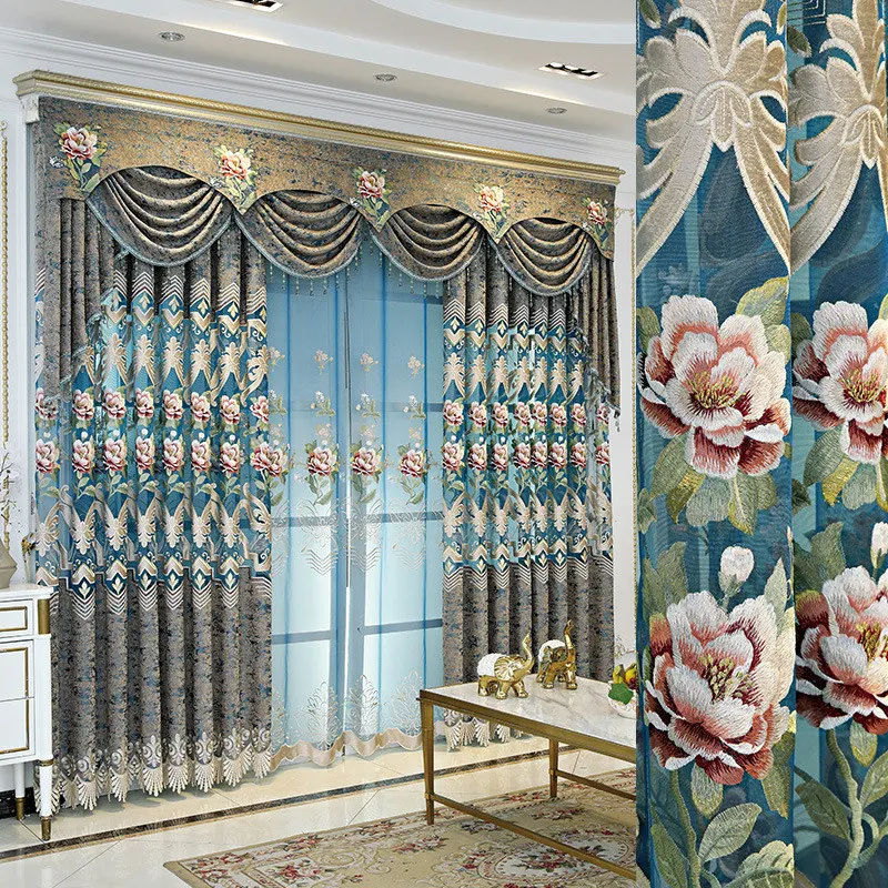 

European Luxury Embroidered Curtains for Living Room Bedroom Chenille Fabric Jacquard Flower Sheer Noise Reducing Drapes 1 Panel