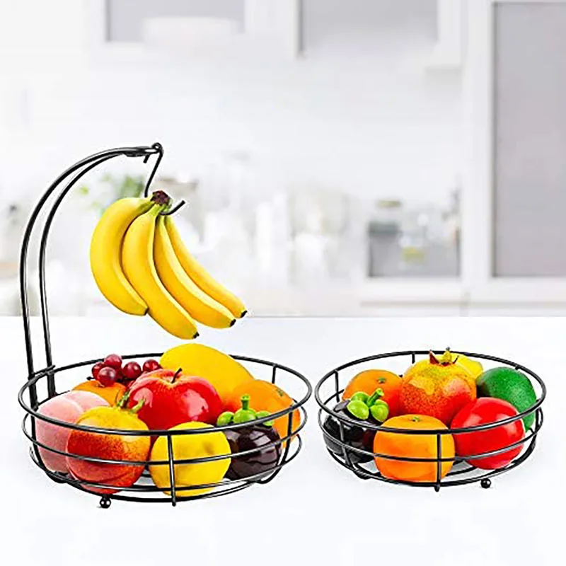 2-Tier Fruit Basket, Metal Fruit Bowl, Bread Baskets, Fruit Holder, Large Fruit Stand Organizer With Banana Hanger, Black 5