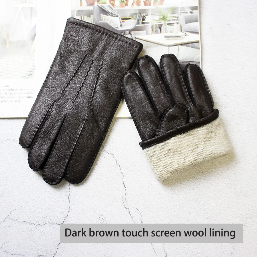 Deer Skin Gloves Men's Touch Screen Dark Brown Genuine Leather Retro Style Autumn and Winter Warm Motorcycle Riding Gloves