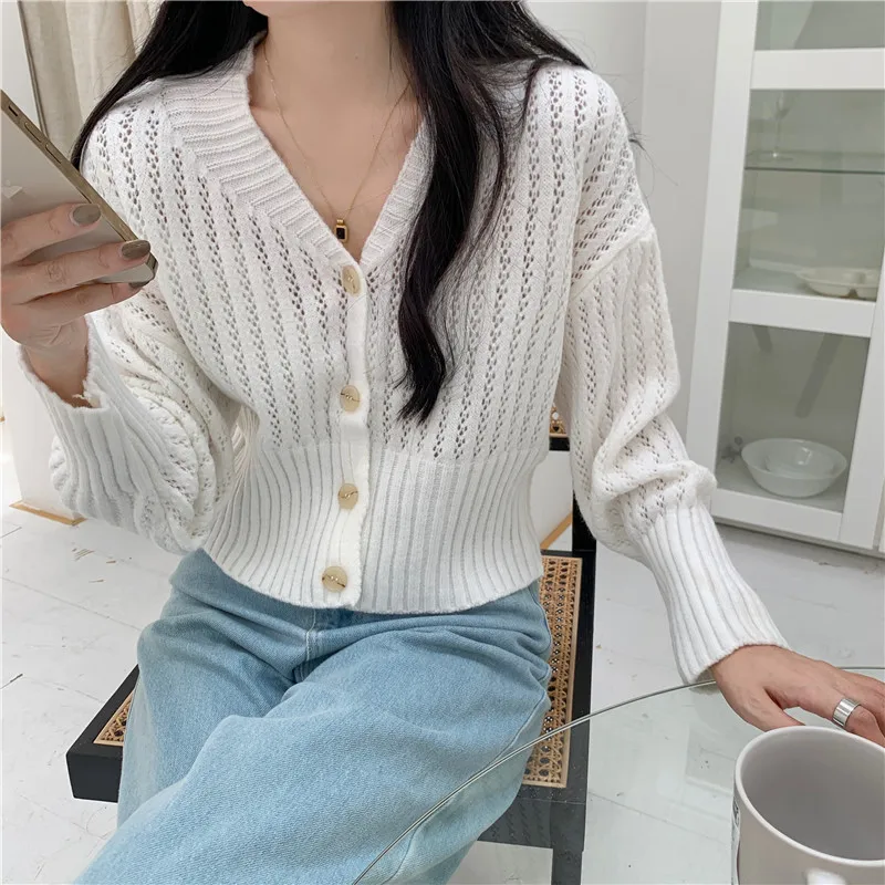 PLAMTEE Spring Sexy Hollow Out Cardigans Women Coats Knitwear Sweet 2022 V-Neck Casual High Waist OL Office Wear Slim Sweaters red sweater