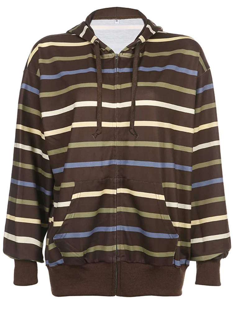 

2023 Vintage Striped Zip Up Loose Sweatshirt Y2k Long Sleeve Tops with Pockets Hoodie for Women Grunge Emo Zip Up Hoodie Clothes