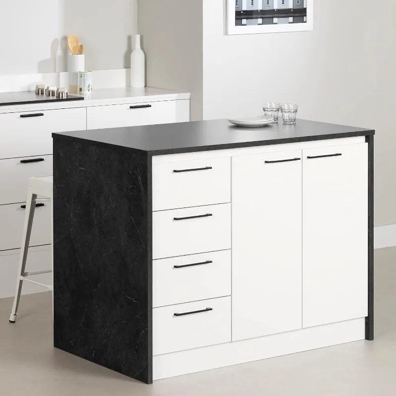 

Myro Kitchen Island, Faux Black Stone and White