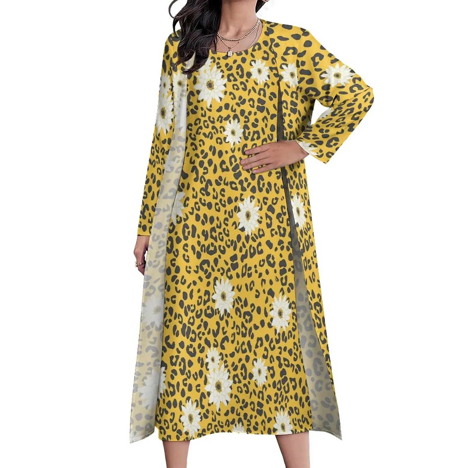 

Floral Leopard Design Dress White Flower Print Vintage Maxi Dress Bohemia Long Dresses Female Two Piece Design Oversize Vestido