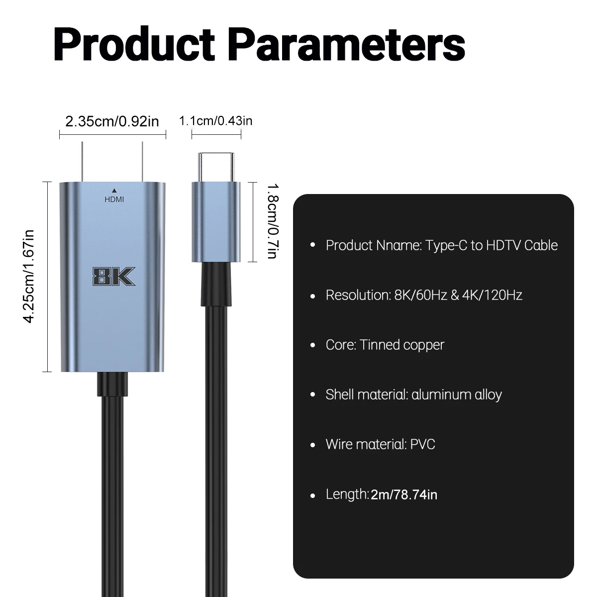 כבל USB-C ל-HDMI 8K@60Hz 4K@120Hz כבל פלט מהיר למחשבים ניידים סמארטפונים טאבלטים מסכים צגי HD