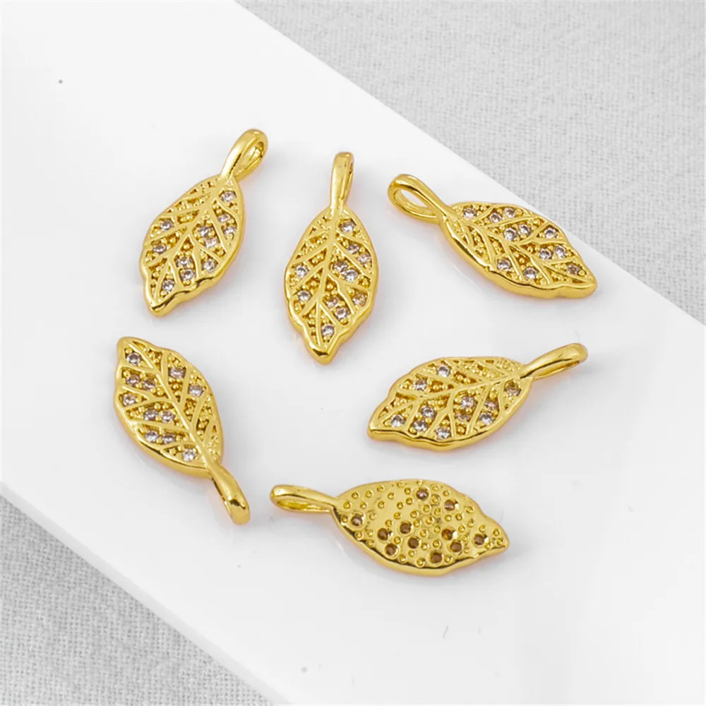 

18k cast copper-clad gold color retaining thick gold zircon leaf pendant 8 * 20mm manual diy pendant earrings accessories