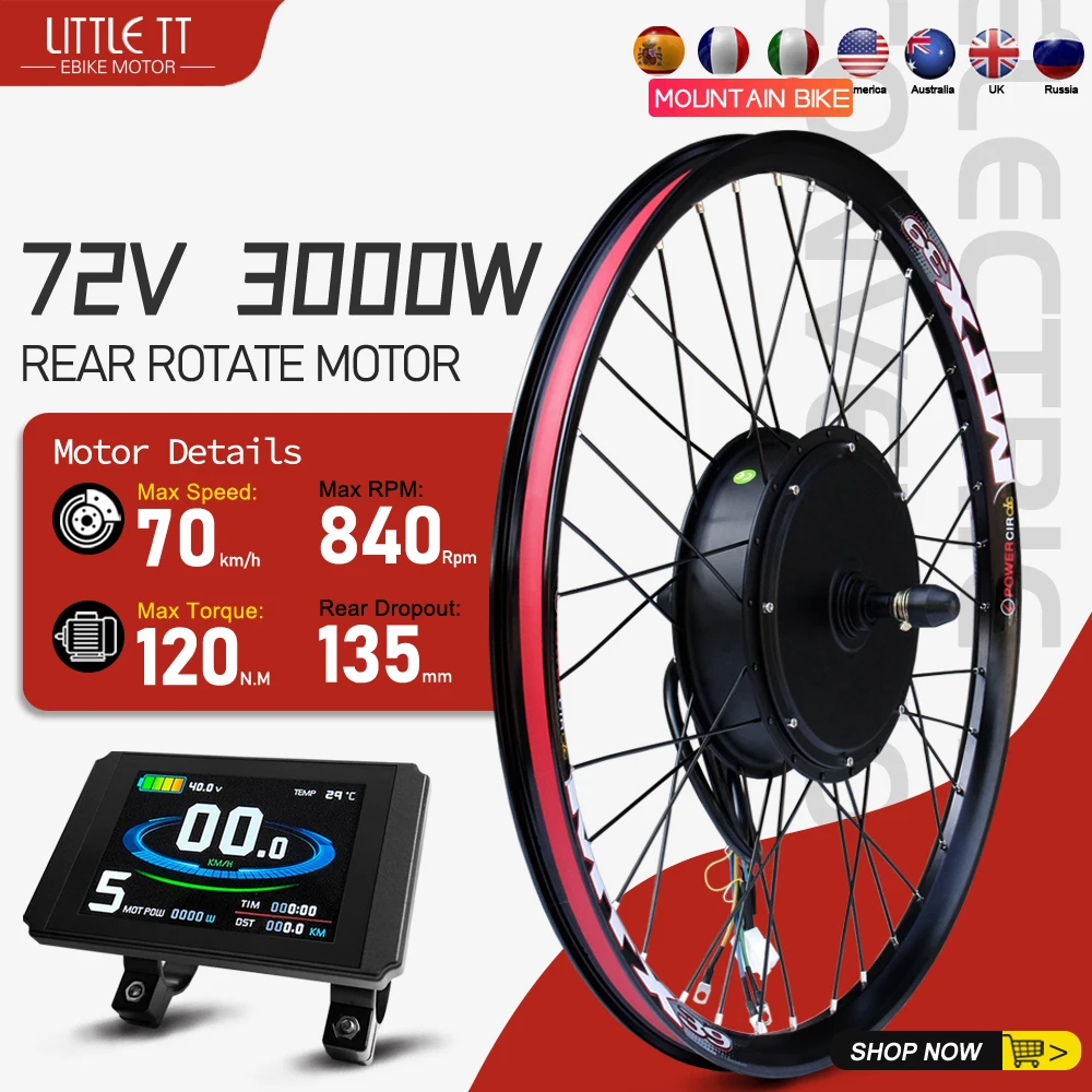 72V 3000W Electric Bike Conversion Kit Rear Rotate Wheel Hub Motor Dropout 135mm For E-Bike Conversion Kit 20/26/27.5/28/29inch