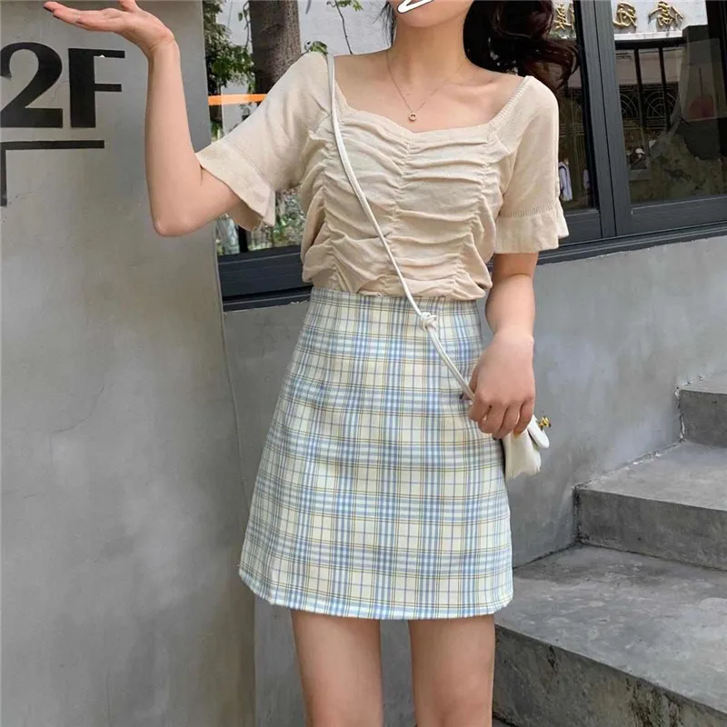 leather skirt 2022 Summer New Sexy Short Skirt Women Retro Bag Hip High-Waisted Skirt Lined Plaid A-Line Skirts School Girls jean skirt