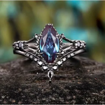 Attractive Inlaid with Blue Stone Black Color Oval Rings Set Fashion Party Rings for Women Jewelry 1