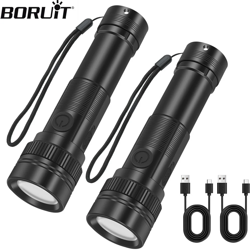 

BORUIT 2PCS ST12 Super Bright LED Flashlight Zoom Torch 4 Lighting Modes Type-C Rechargeable Powerful Camping Hiking Lantern