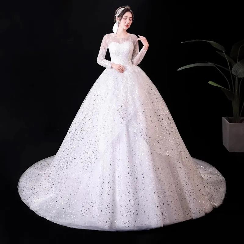 

It's Yiiya Wedding Dresses White Bling Tulle O-neck Transparent Full Sleeves Lace up Trailing Floor Length Plus size Bride Gowns