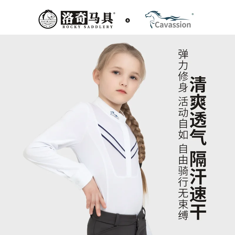 Cavpassion-Long-Sleeved Equestrian White Shirt for Children, Riding Competition, Equipment, Riding Shirt