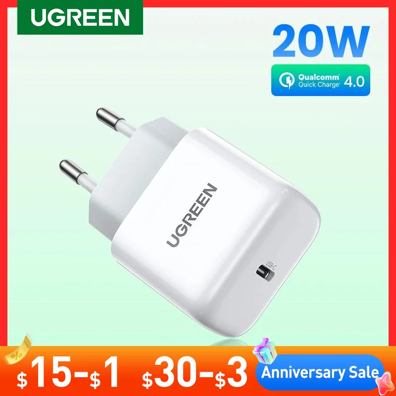 

UGREEN USB Type C Charger 20W PD Fast Charger for iPhone 14 13 12 Quick Charge 4.0 30 Phone Charger for Xiaomi Huawei PD Charger