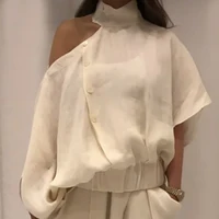 Fashion Women's Pants&Tops Wide Leg Buttoned Casual Bottoms Trousers Hollow Solid Color Irregularity Loose Cold shoulder Blouse - Image 4