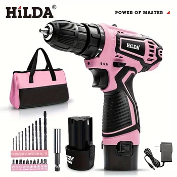 HILDA Pink 12v Cordless Drill Bag Set with Battery Two Battery and One Charge Home Tool Kit Daily Maintenance Essential 1