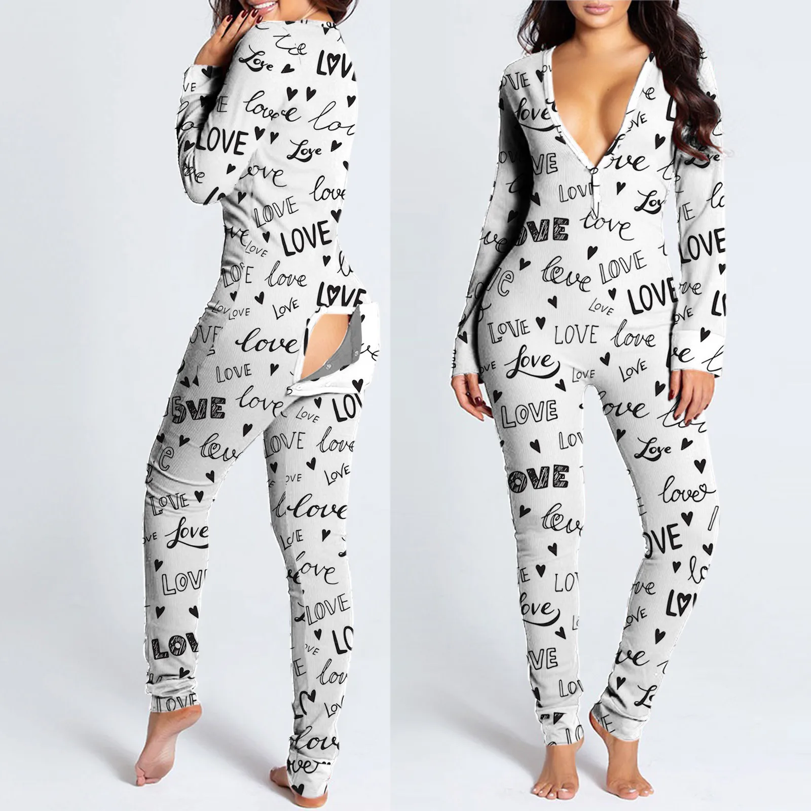 

Christmas Button-Down Onesies Jumpsuit Women Print Functional Long Sleeve Pajamas Buttoned Flap Adults Night Jumpsuit Sleepwear