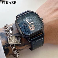 YIKAZE Alloy Men Quartz Watches Leather Strap Big Dial Student Square Sports Watch Cool Black Men's Watch Waterproof  Wristwatch 1