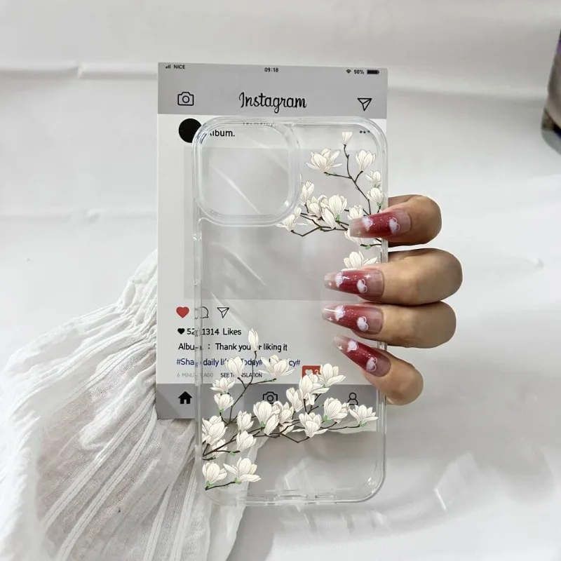 Aesthetic Pink Magnolia Flower Phone Case - Shockproof Clear Hard Cover