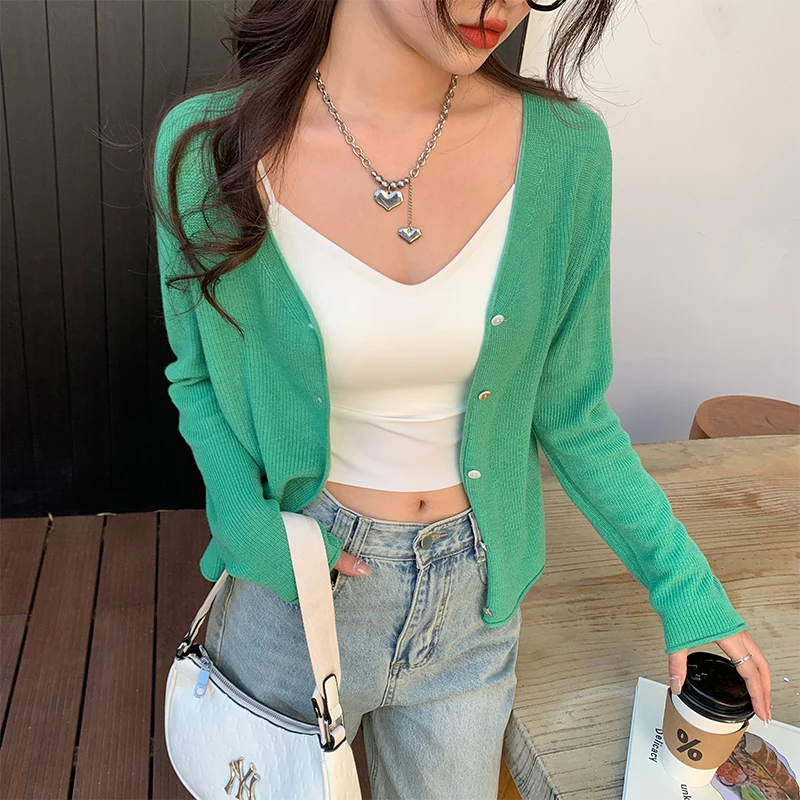 Women Clothing Sunscreen Knitted Sweater Women Cardigans New Long Sleeve V-Neck Knit Sweater Cardigan Women Tops Sweaters Q3594 5