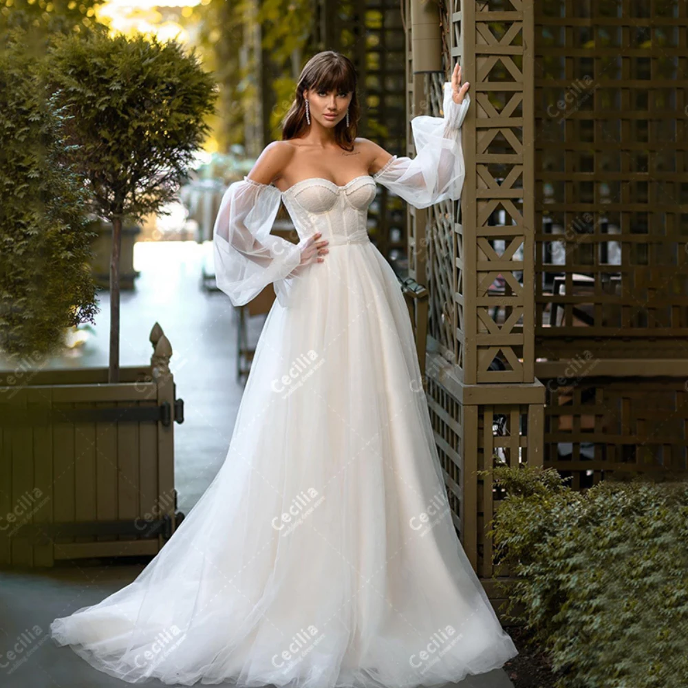 A-line tulle tiered bridal gowns sweetheart off shoulder puff sleeves wedding dresses