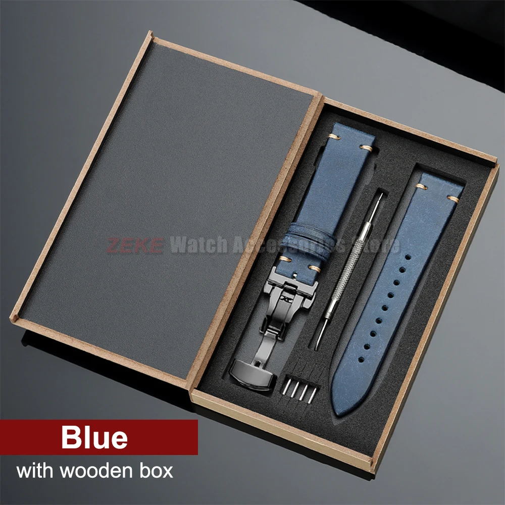 Elegant Genuine Leather Watch Band with Wooden Box & Butterfly Clasp Bracelet