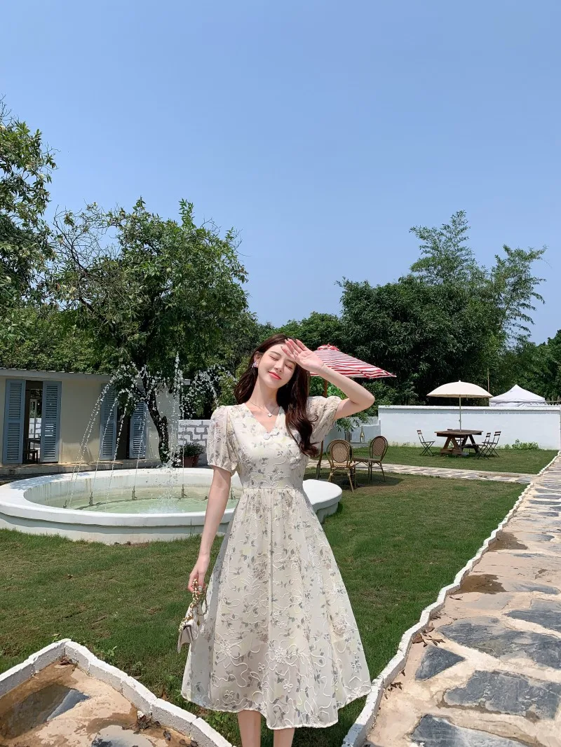 Summer New Chinese Style Midi Dresses for Women Floral Printed V-neck Puff Sleeve A-line Casual Elegant Dress One Piece Vestido