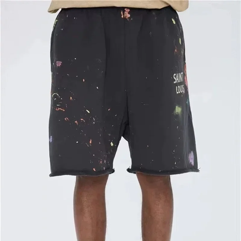 24ss Splash Ink Graffiti SAINT LOUIS Black Shorts For Men Women 1:1 Best Quality SSSaint Oversized Shorts