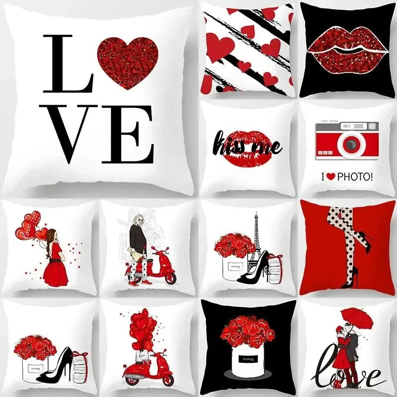 

Red Lips Heart Pattern Pillow Cover Fashion Pillowcase Art Style Cushion Cover Sofa Bed Home Decor 45x45cm Cojines 2024 DF1928
