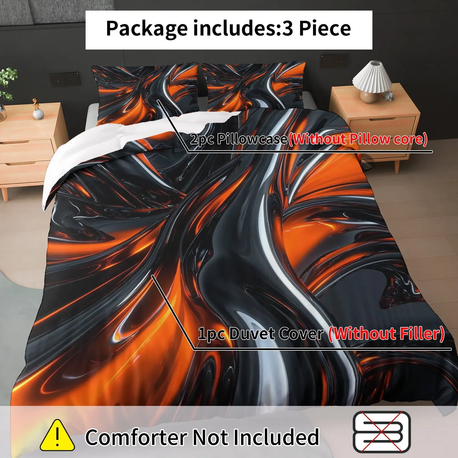 3Pcs Modern Abstract Black Orange Duvet Cover Set, Halloween Theme Bedding with Pillowcases for Bedroom Living Room Study Hotel