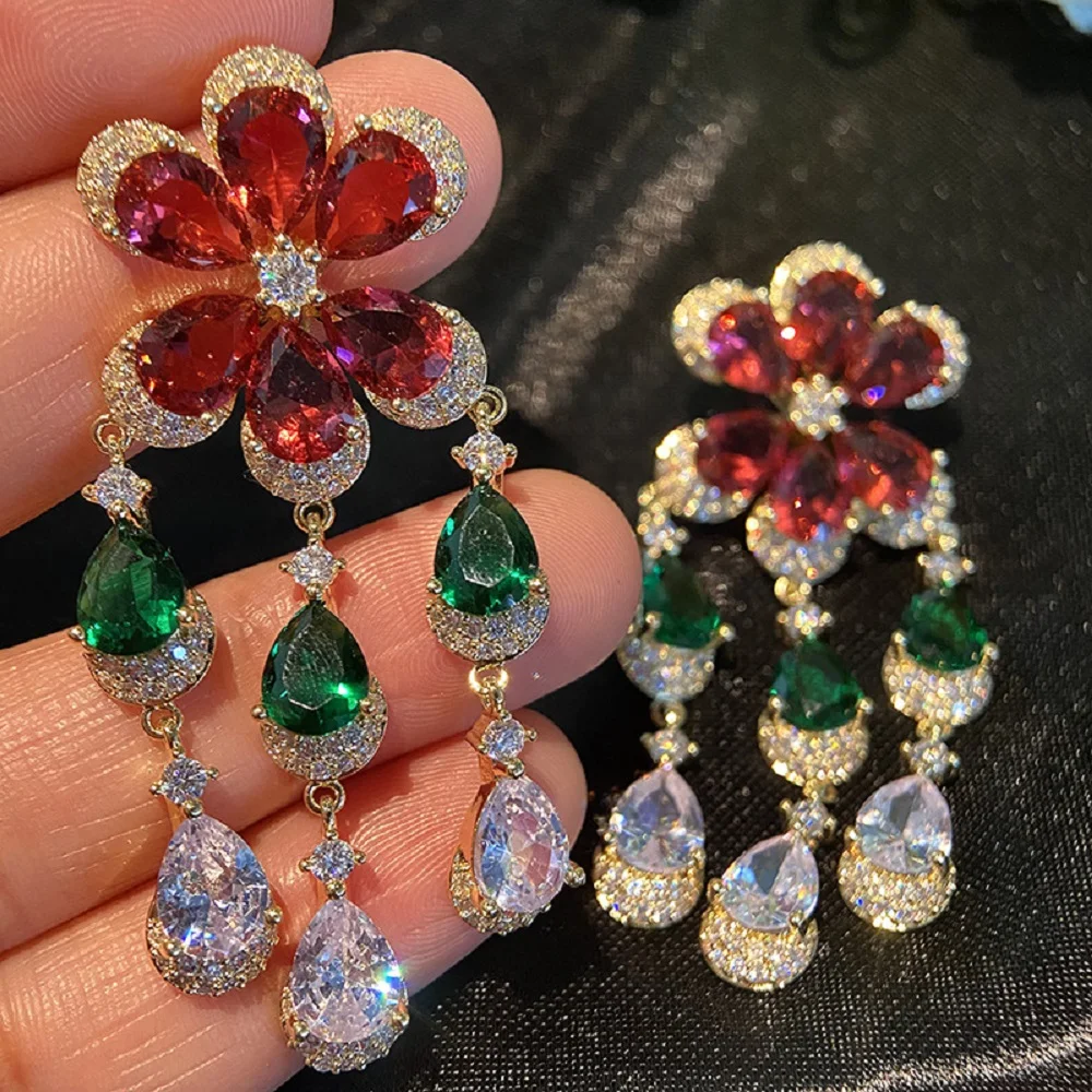 Bilincolor Gradient Colored Zircon Exquisite Flower Tassel Earrings for Women