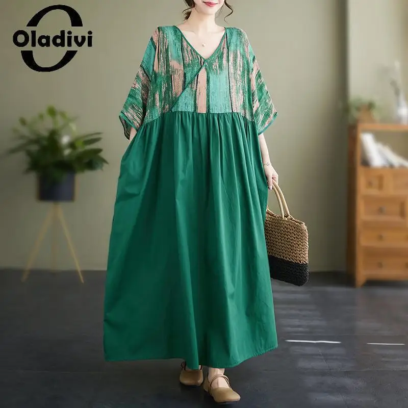 

Oladivi Fashion Print Women Bohemian Beach Dress 2023 Summer New Short Sleeve Long Dresses Ladies Oversized Clothing Tunics 9281