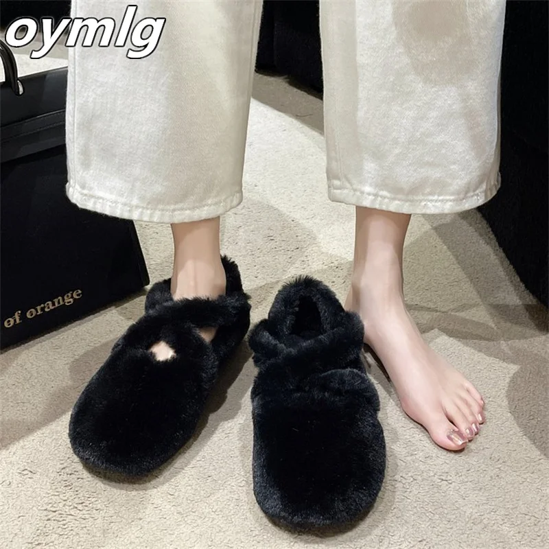 Flat bottomed Mary Jane plush shoes for women wearing out in winter, 2023 new winter plush and thickened foot  cotton shoes
