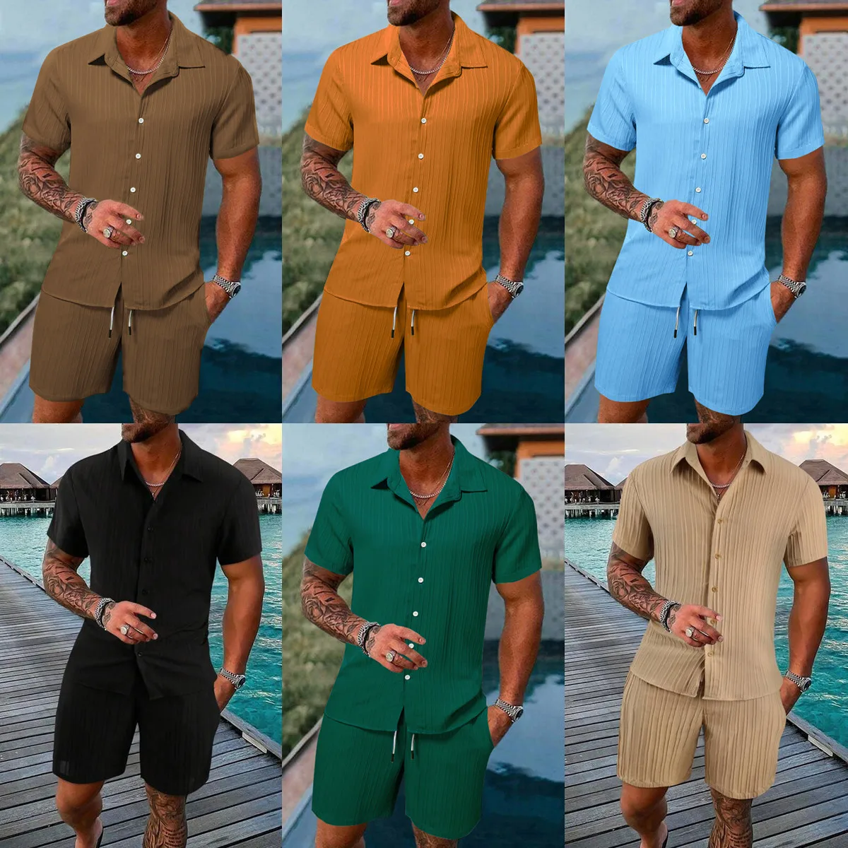 Mens Summer Short Sleeve Button Shirt and Wide Leg Shorts Set