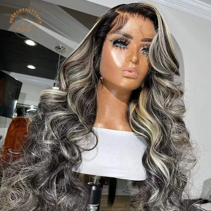 Lace Frontal Wigs Black Grey Highlight Wig Wavy 13X4 Lace Front Wig Highlight Blonde Colored Human Hair Wigs Closure Wig